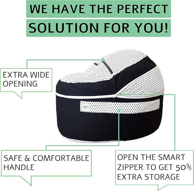 2 Sizes in 1 Stuffed Animal Storage Bean Bag Chair Cover for Kids & Adults | Washable XL Stuffie Seat | 100% Cotton | Pouf Organizer for Plush Toys, Linens, Quilts & Pillows | Black & White