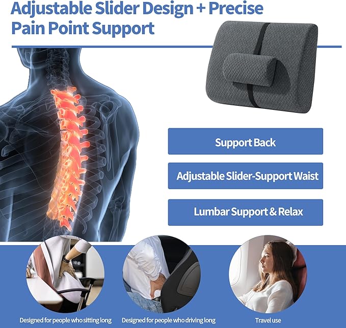 HOMBYS Memory Foam Lumbar Support Pillow for Recliner with Adjustable Slider,Ergonomic Memory Foam Back Cushion for Recliner,Chair Back Support Providing Accurate Pain Point Support for Office/Car