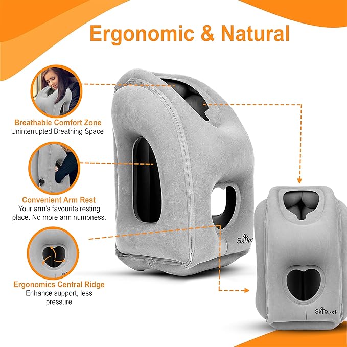 Inflatable Travel Pillow - Airplane Pillow for Neck Support on Long Flights, Buses, Cars, Office & Trains - Comes with Eye Mask, Earplugs & Portable Drawstring Bag - Grey
