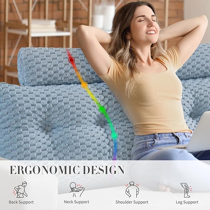 Wedge Headboard Pillow - Bed Wedge Pillow for Headboard Triangular Headboard Pillow with Neck Roll Pillow-Large Bolster Pillow for Sitting in Bed Backrest Positioning Support (Blue,59x8x20 Inches)