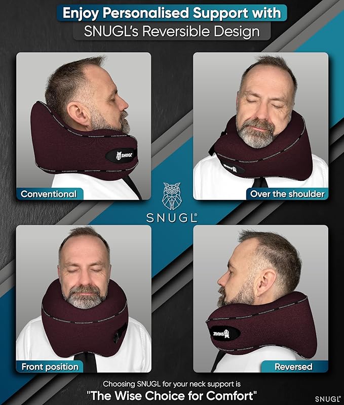 SNUGL Neck Travel Pillow - Memory Foam Airplane Pillow - Flight Pillow | Neck Support Travel Pillow with Carry Bag & Clip | Neck Pillows for Sleeping Travel Plane | Flying Travel Essentials - Dark Red