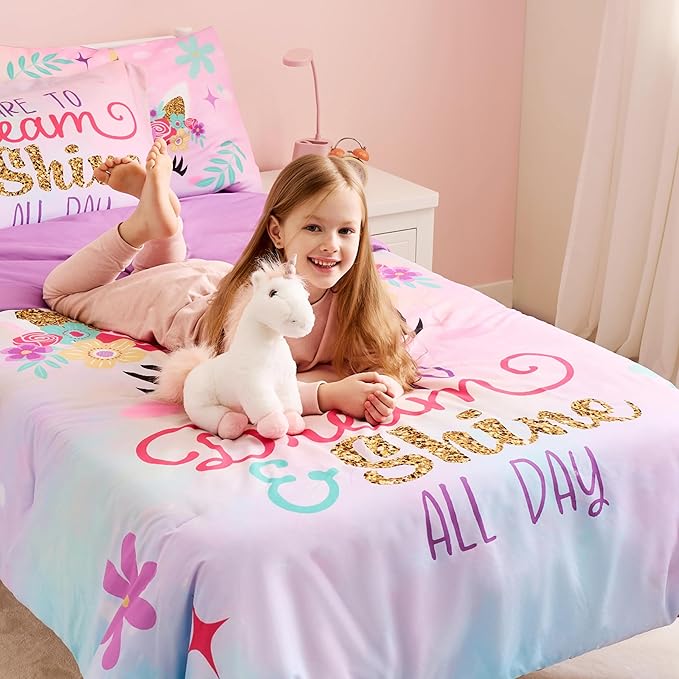 Joiedomi Kid Twin Comforter Set - 5 Piece Unicorn Bedding Set for Boys/Girls - Super Soft Microfiber Bed in a Bag with Comforter, Sheets, Pillowcase & Sham