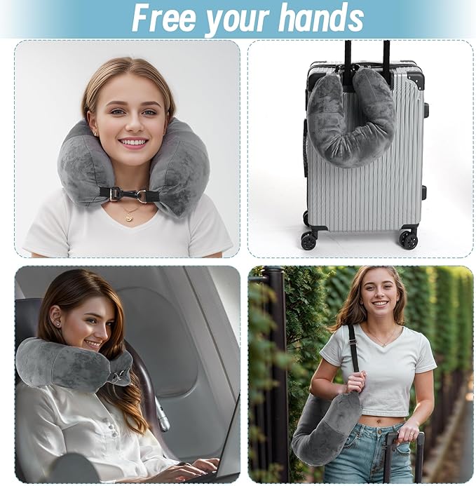 Stuffable Pillowcase Travel for Extra Luggage Velvet Stuffable Neck Pillows Storage Fits Short Trip Essential Multifunctional Adjustable U-Shaped Gray