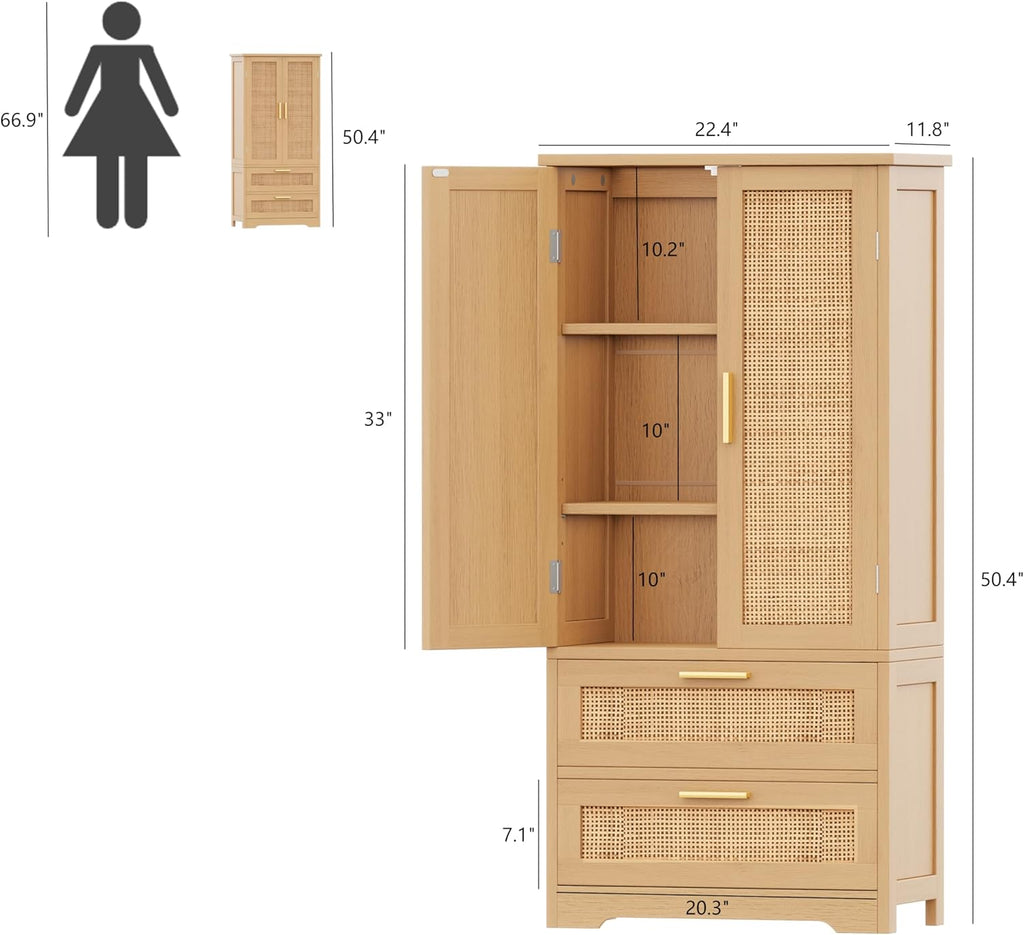 50.4" H Bathroom Storage Cabinet, Modern Floor Cabinet with Adjustable Shelf, Small Pantry with 2 Doors & Drawers, Storage Cabinet for Bathroom, Living Room, Kitchen, Natural KES007MCWG