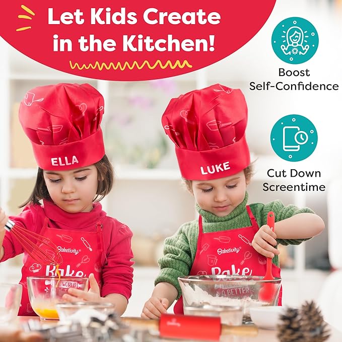 Baketivity Kids Chef Hat and Apron Set for Boys & Girls - One Size Fits All (Adjustable) - Premium, Washable Kids Apron and Chef Hat Set for Cooking - Young Chefs & Junior Bakers Chef Outfit for Kids