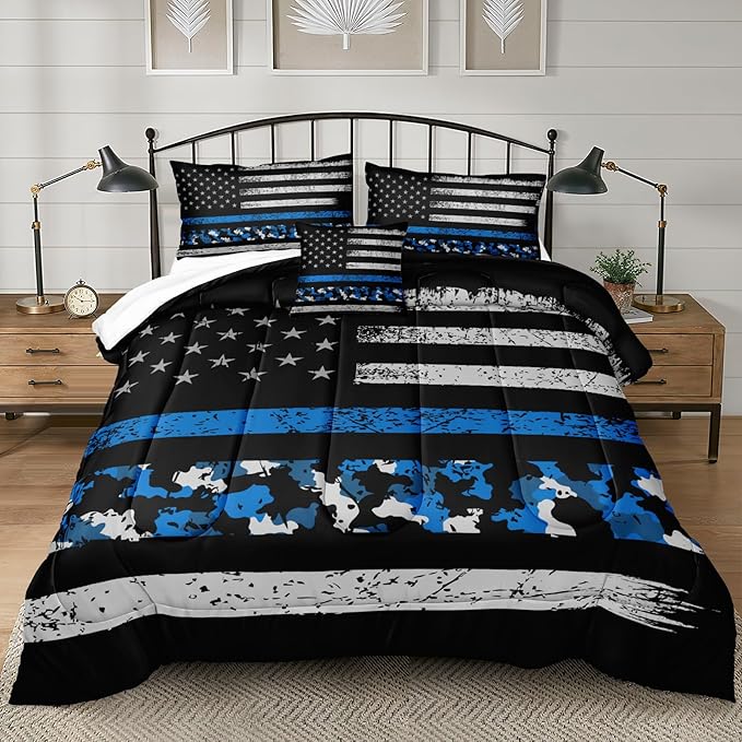 Bedbay American Flag Comforter Set King Teen Boys Military Bedding 4Pcs Camouflage Bedding Kingsize Flag Camo Comforter Set Soft Lightweight Army Comforter Duvet Insert for All Season(Blue,King)
