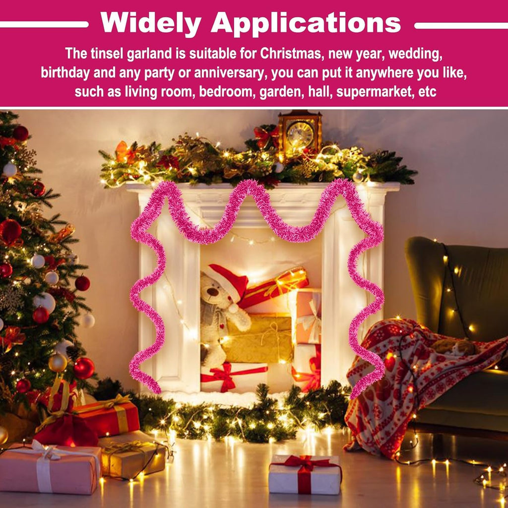 25 Feet Metallic Twist Tinsel Garland - Wall Hanging Backdrop for Holidays (Pink, 4in x 25ft)