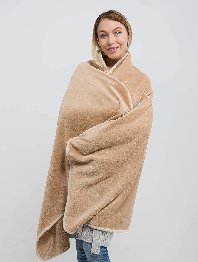 BlueHills Premium Soft 2-Pack Travel Blanket Pillows Airplane Large Plane Flight Throw Travel Blankets for Two in a Bag Compact Traveling Essentials Warm Travel Gifts Long Beige T205