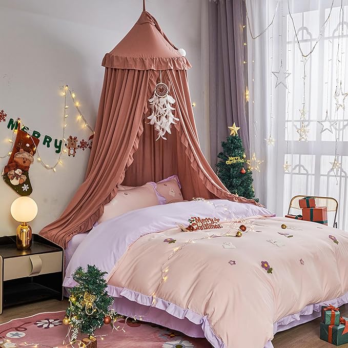 VETHIN Bed Canopy for Girls Kids,Princess Round Dome Children Dreamy Mosquito Net Bedding Girls Room Castle Play Tent Hanging House Decor Reading Nook Canopies (JujubeRed)