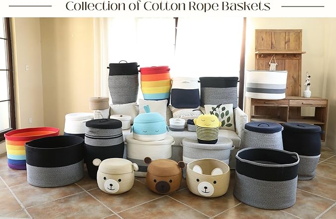 24" x 24" x 17" Max Size Large Cotton Rope Basket, Extra Large Storage Basket, Woven Laundry Hamper, Cloth Storage Bin, for Blankets Clothes Towels Pillows in Living Room, Black in Grey Mix