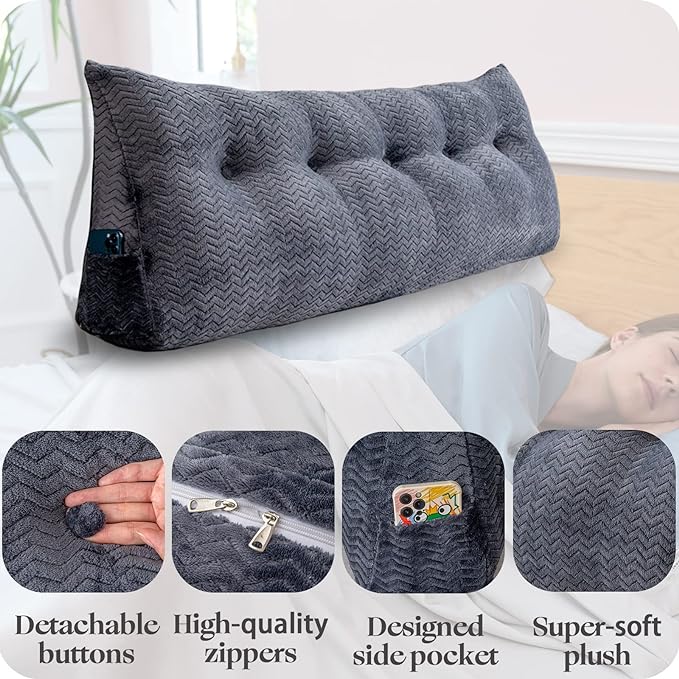 Large Bolster Triangular Headboard Wedge Backrest Positioning Support Bed Rest Reading Pillows Headboard Wedge Pillows for Day Bed Bunk Bed with Removable Cover, California King(71x8x20 Inches)