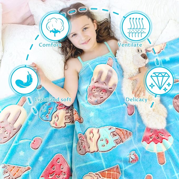 Funny Blanket Glow in The Dark Blankets for Girls Cute Ice Cream Blanket Birthday Gifts for Kids Toddlers Soft Warm Cozy Cute Food Blankets Home Decor Glowing Blanket