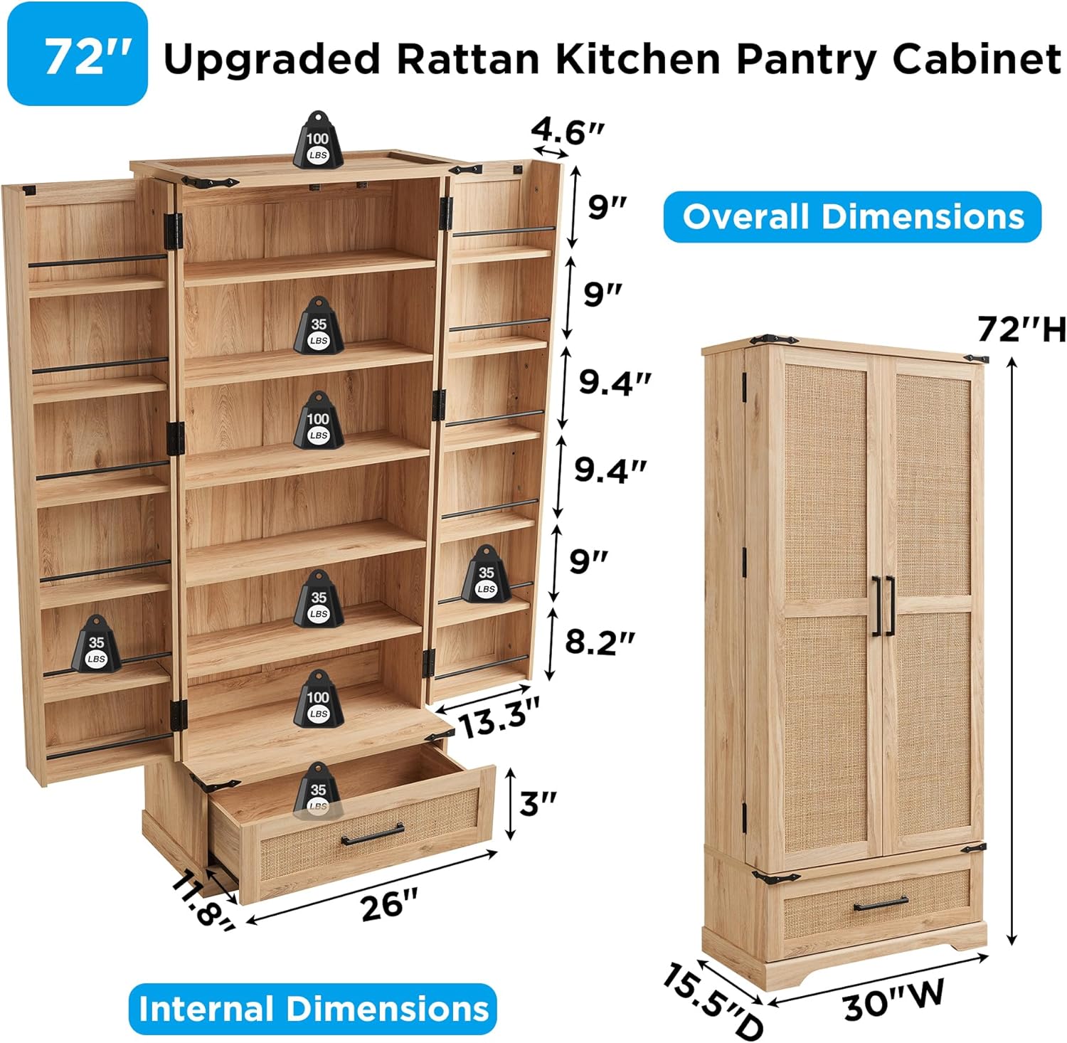 72" Tall Rattan Kitchen Pantry Cabinet with Drawer, Boho Storage Cabinet with 2 Rattan Doors and Shelves, Versatile Large Cabinet for Dining Room, Bathroom, Living Room, Laudry, Natural Oak