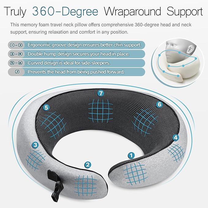 PORTHOLIC 2024 Upgraded Neck Pillow with Buckle for Travel, 100% Pure Memory Foam Travel Neck Pillow for Airplane Travel Flight Headrest Sleep, Portable Plane Accessories (Light Grey)
