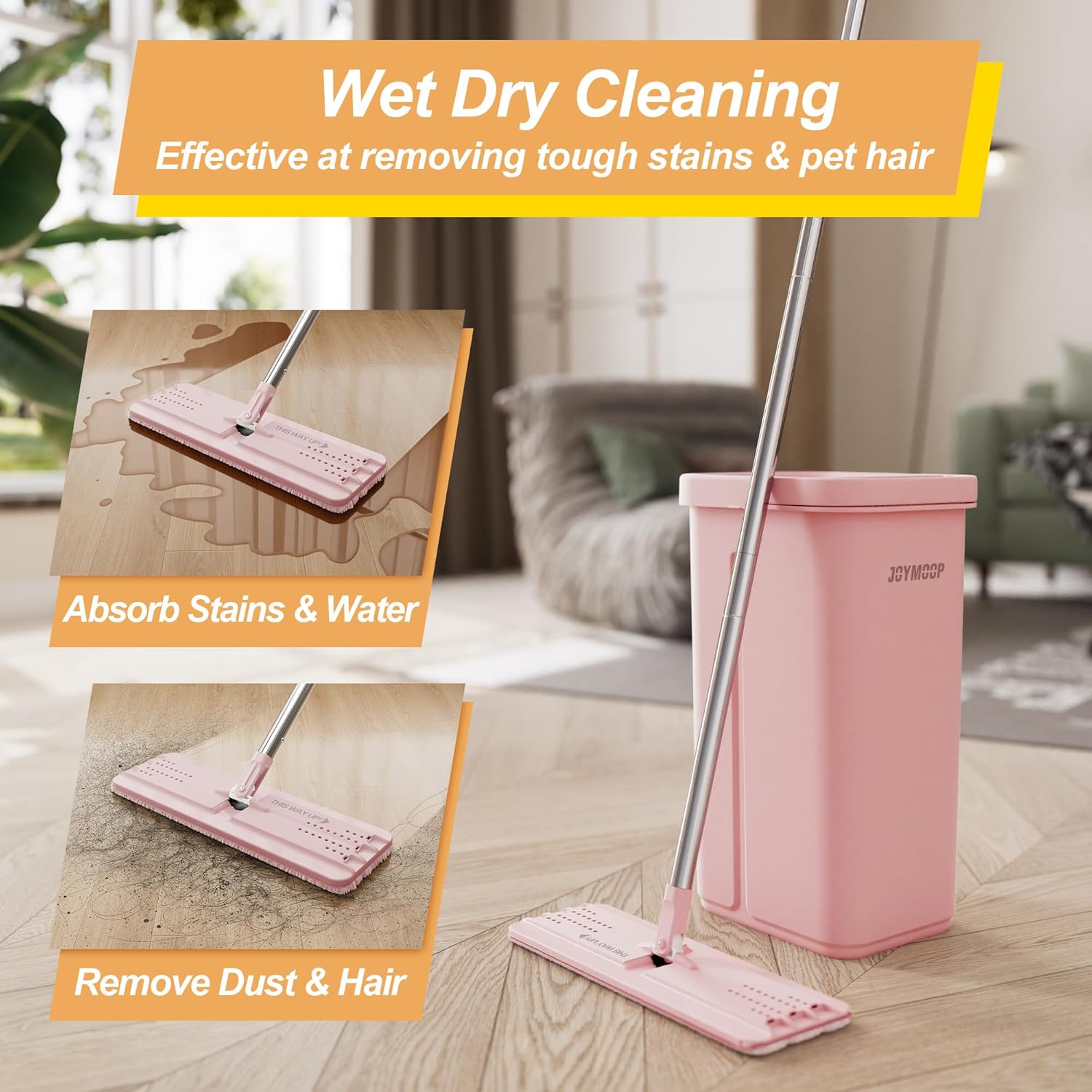 JOYMOOP Pink Mop and Bucket with Wringer Set for Home, with 5 Reusable Microfiber Mop Pads, Hands-Free Self-Cleaning System, Suitable for Floor Cleaning and Wall Cleaner