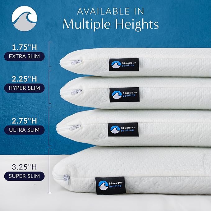 Bluewave Bedding Hyper Slim Gel Memory Foam Pillow for Stomach and Back Sleepers - Thin, Flat Design for Cervical Neck Alignment and Deeper Sleep (2.25-Inches Height, Standard Size)