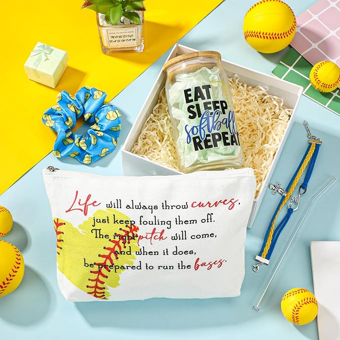 4 Pcs Softball Gifts Softball Glass Cup 16oz Softball Water Bottles Inspirational Softball Theme Makeup Bag Softball Bracelet Elastic Softball Scrunchies Softball Accessories for Girls Back to School
