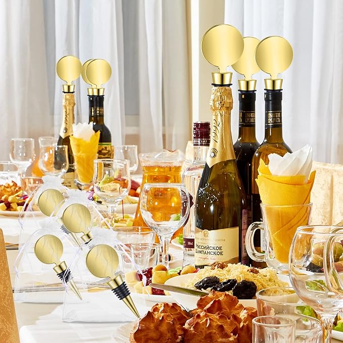 24 Sets Wine Stopper for Wine Bottles Wedding Wine Stopper Champagne Bottle Stoppers Beverage Bottle Stoppers with White Sheer Organza Bags Wedding Party Favor for Guests (Gold)
