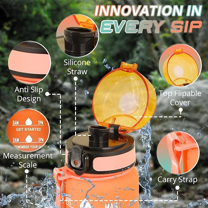 32 oz Water Bottle with Time Marker- Leak-Proof & BPA Free Reusable Gym Water Bottle - Easy to Carry Motivational Water Bottle for Fitness, Sports, Outdoor, Cycling, School (Pink & Orange)