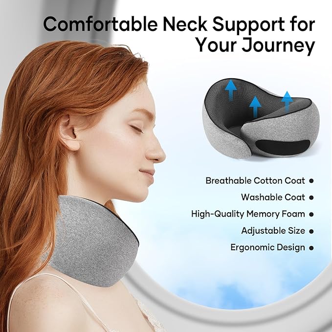 NOCRLG Travel Pillow, Travel Neck Pillow for Airplanes Car, 100% Pure Memory Foam Travel Pillow, Sleeping Essentials for Long Flight 360° Head Support Degree Comfort and Breathability Grey