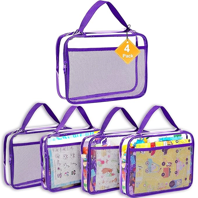 4 Packs PVC Toy Zippered Blocks, Travel Storage Case Bags for Organizing, Waterproof Toy Storage Bags with Mesh Pockets for Building Blocks, Puzzles, Clays,Toy Cars 13.3"Lx3" Wx10.4" H (Purple).