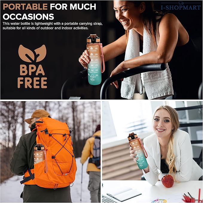 32oz Large Water Bottle with Motivational Time Marker - Sport Style with Deluxe Sip-Gulp Lid, Durable Tritan Plastic, Food Grade, Dishwasher Safe, Carry Strap (Orange-Green)