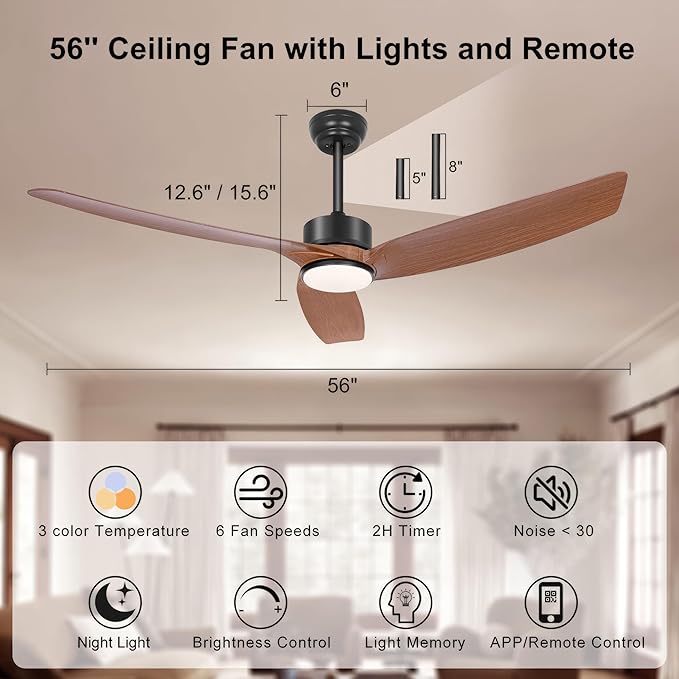 Ohniyou 56 Inch Ceiling Fan with Lights, Modern 3 Blades Ceiling Fan with Remote/APP Control Dimmable 3 CCT, Walnut Indoor Outdoor Ceiling Fan for Covered Patios Farmhouse Living Room