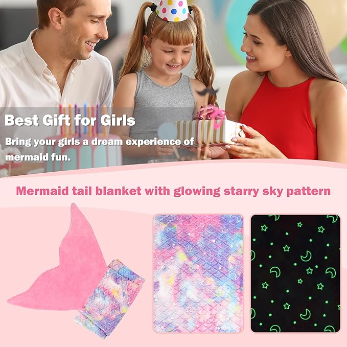 Catalonia Mermaid Tail Blanket for Girls, Glow in The Dark Mermaid Sleeping Bag, Stars and Moon Patterns Pattern, Gift Idea for Kids