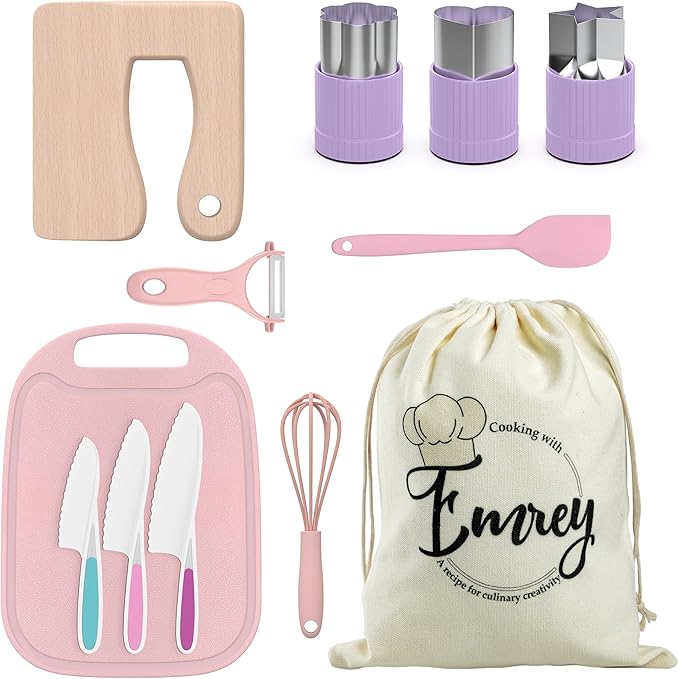 EMREY 13 Pieces Montessori Kids Cooking and Baking Set - Kids Knife Set for Real Cooking, Durable Kids Cutting Board, Knife Set, Silicone Spatula, Whisk, Cookie Cutters, Kids Apron, Toddler Kitchen