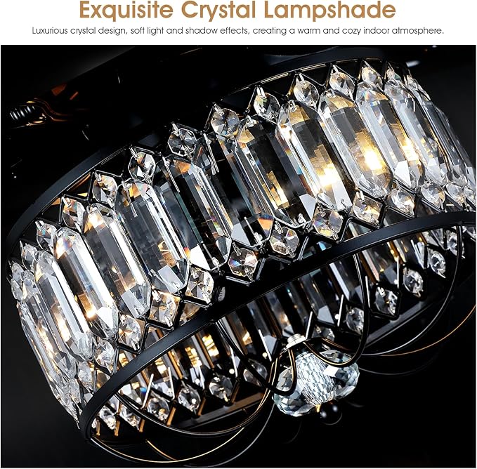 Chandelier Ceiling Fans with Lights - 52 Inch Modern Farmhouse Fandelier Ceiling Fan with Remote, Crystal Ceiling Fan Light for Bedroom Living Dining Room, Dual Finish Wooden Blades, Black