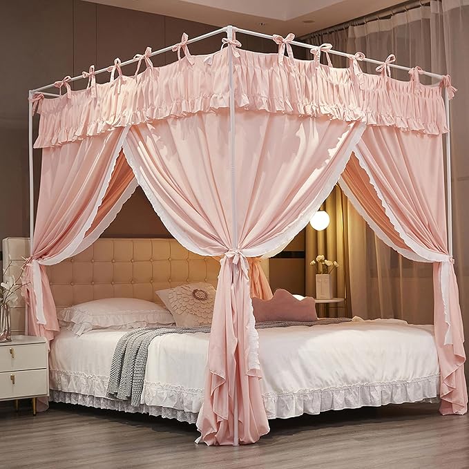 Ruffle Lace up 4 Corners Post Princess Curtain Bed Canopy Cozy Breathable Mosquito Net Cloth for Girls Adults Bedroom Decoration (Pink, 64" W*82" L*82" H/Queen)