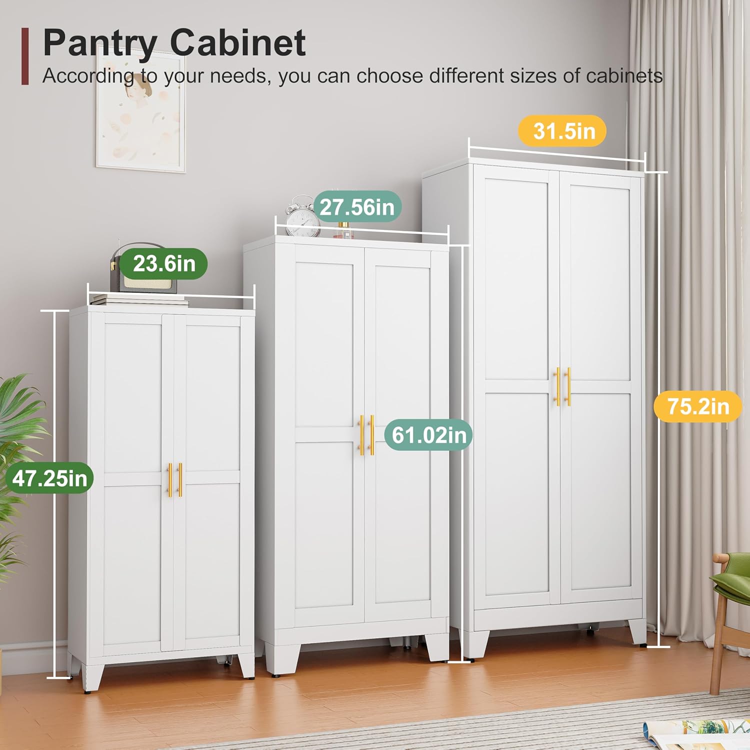Metal Pantry Cabinet with 2 Doors and Adjustable Shelves, Kitchen Storage cabinets with Gold Handles, Versatile Storage for Laundry/Living Room,Bathroom,Dinning Room-White