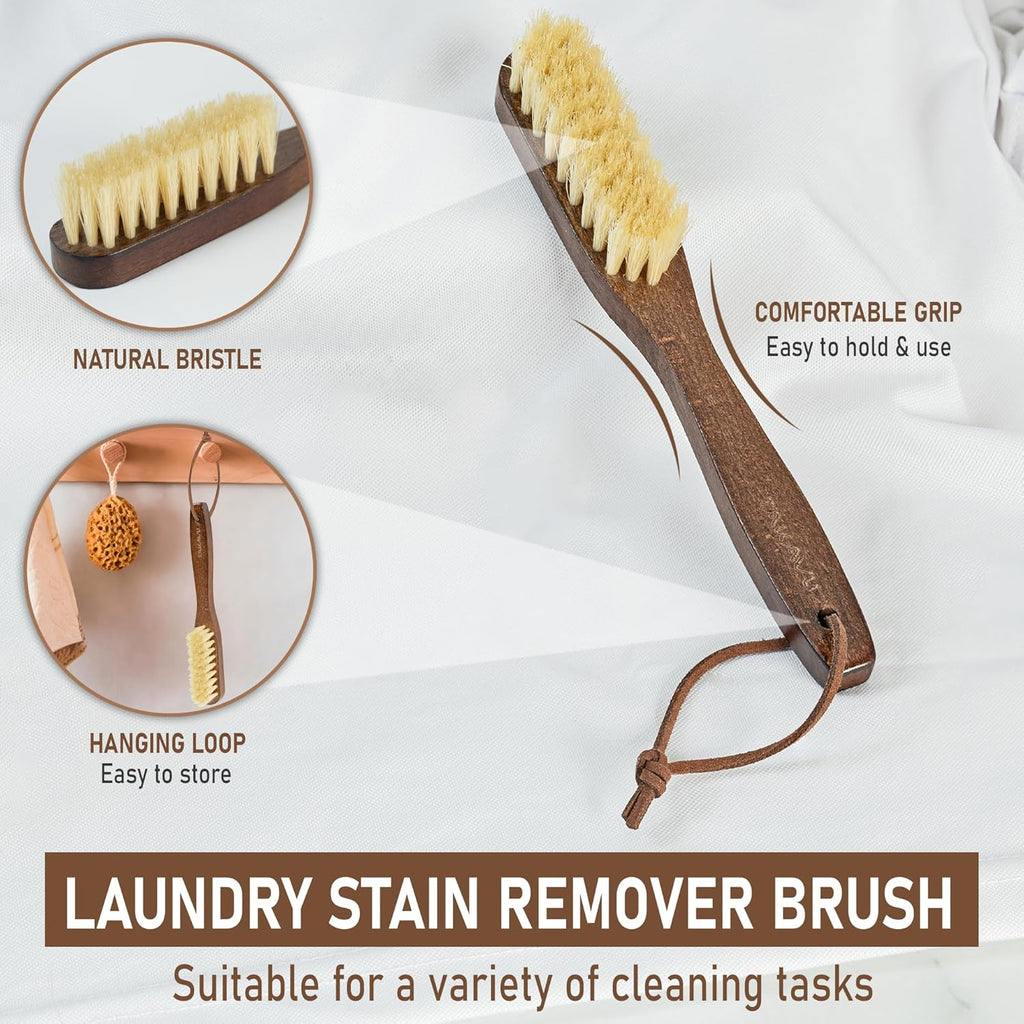 Takavu White Boar Bristle Laundry Stain Brush Set (2 Pack) - Small Spot Cleaner Scrubber for Clothes, Fabric Pre-Wash Treatment, Delicate Garment Care