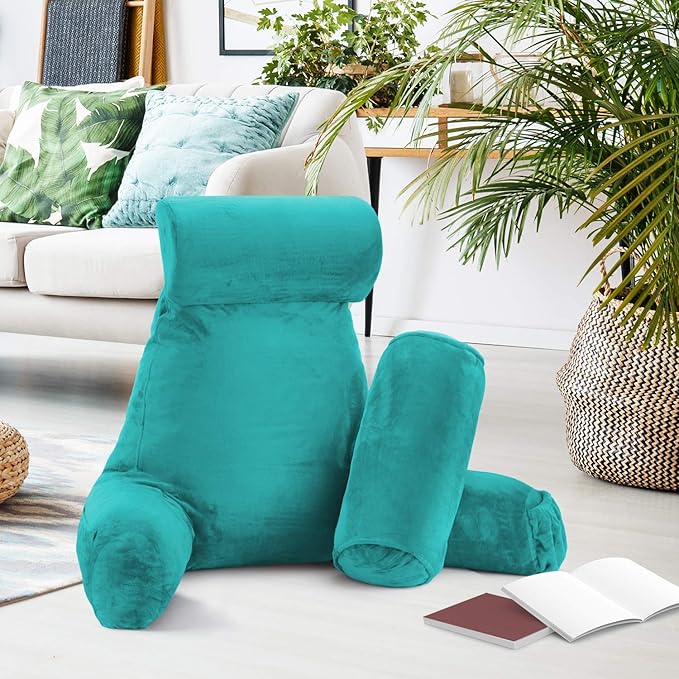 Nestl Reading Pillow Large Bed Pillow, Back Pillow for Sitting in Bed Shredded Memory Foam Chair Pillow, Reading & Bed Rest Pillows Teal Back Pillow for Bed, Bed Chair Arm Pillow with Pockets