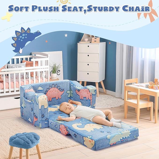 2-in-1 Toddler Chairs Comfy, Toddler Couches That Fold Out,Glow in The Dark, Extra Wide Kids Chairs for Toddler, Baby Couch for 1-3 Year Old Gifts for Girls & Boys, Blue