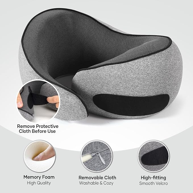 NOCRLG Travel Pillow, Travel Neck Pillow for Airplanes Car, 100% Pure Memory Foam Travel Pillow, Sleeping Essentials for Long Flight 360° Head Support Degree Comfort and Breathability Grey