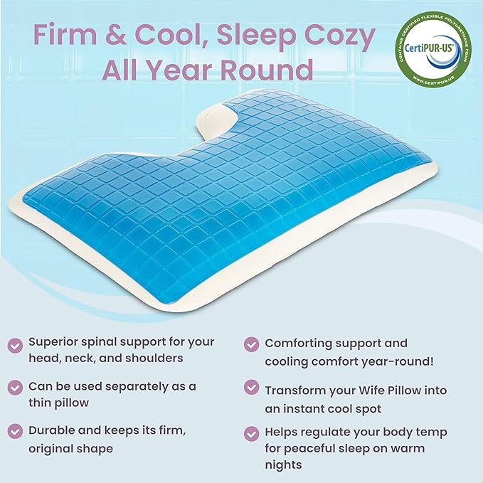 Insert Topper, Firm Cooling Gel / 80D Memory Foam for Sleeping That Stays Cold. Thin for Stomach Sleeper. Ergonomic, Orthopedic Neck U Shaped Cutout. Firm High-Density Layer Support