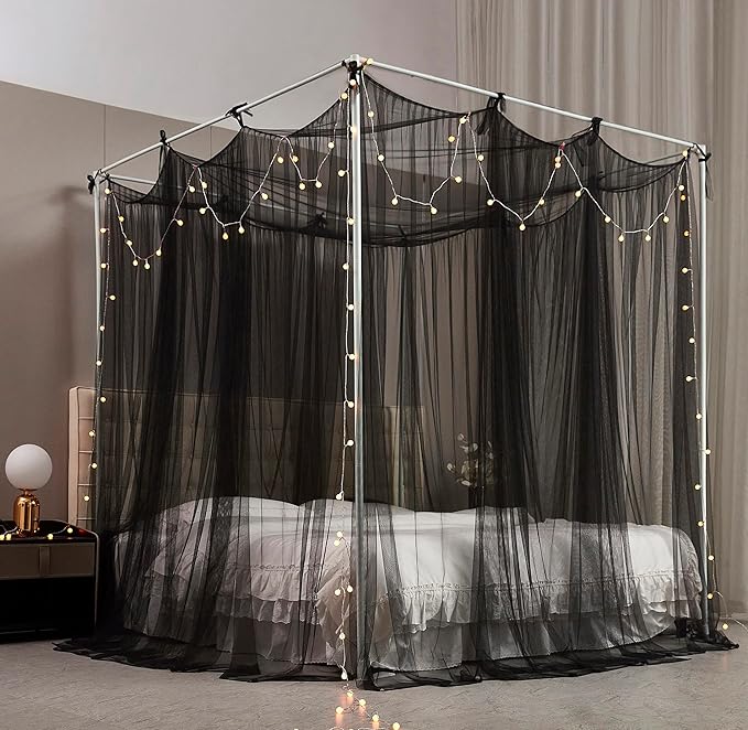 Mengersi Canopy Bed Curtains Bed Canopy with Lights for Girls, Bed Netting Unique Style 4 Door Mosquito Net for Adults Women Bedroom (Black+Lights, Twin/Twin XL)