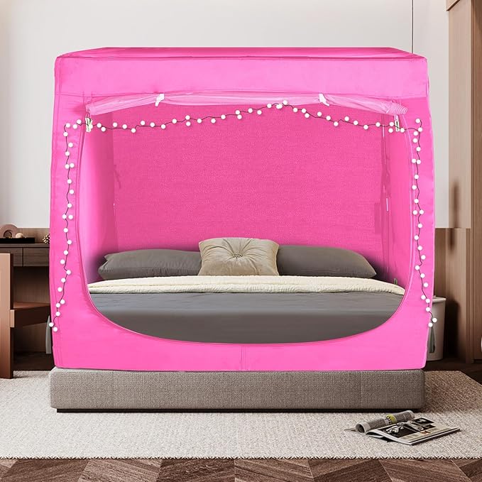 Bed Tent Queen Bed Canopy Tents - Portable Dream Tent for Kids and Adult Indoor Sleeping Tents 70% Blackout with 3 Doors Breathable Private Space Tents