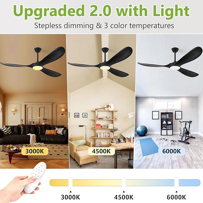 52 Inch Ceiling Fans with Lights and Remote Control, Wood Outdoor Ceiling Fan with Light 3 Blade Modern Black Ceiling Fans Propeller for Patios Porch Garage, ETL Listed DC Motor, Matte Black