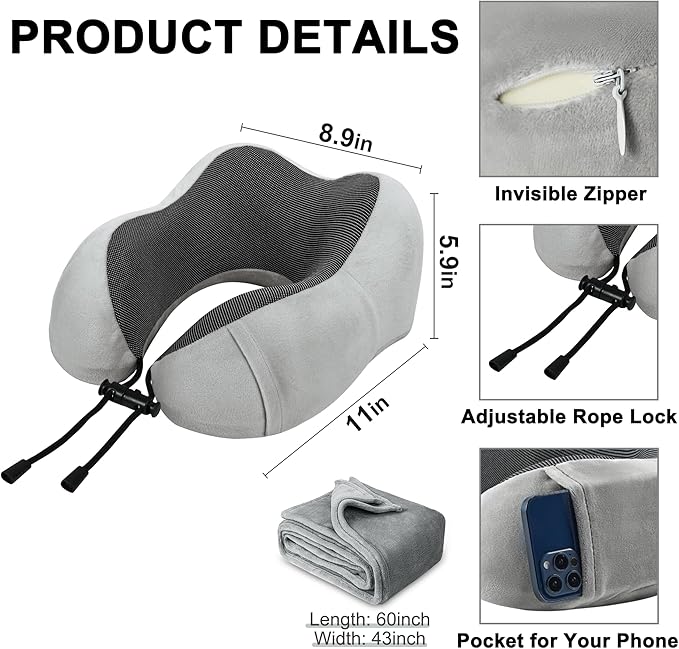 Travel Pillow and Blanket Set Neck Pillow Airplane Memory Foam for Traveling Compact with Bag Grey
