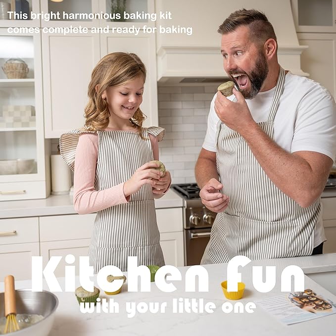 Kids Baking Set with Elegant Matching Apron for Child and Adult, Storage case, Real Working Utensils, Cookie Cutters, and Baking Supplies