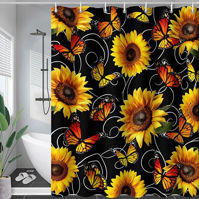 AILONEN Yellow Sunflower and Butterfly Shower Curtain,Garden Flower Black Bath Curtain,Modern Botanical Floral Waterproof Shower Curtain, 72" W x 78" H