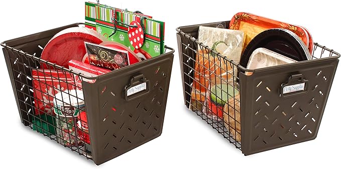 Tovolo Macklin, Stamped Steel & Wire Basket for Closet & Cubby Storage Vintage-Inspired Design with Customizable Label Plate, Medium, Bronze