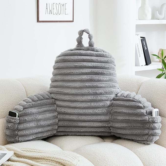 WERDIM Reading Pillow for Sitting in Bed, Faux Fur Back Pillow for Bed Rest, Bed Chair Pillow with Arms and Pockets(Standard, Grey)