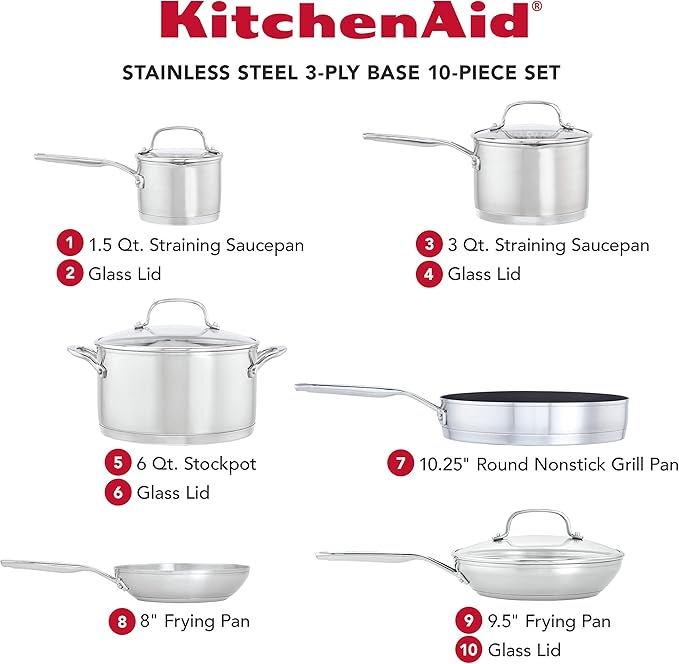KitchenAid 3-Ply Base Stainless Steel Cookware Pots and Pans Set, 10 Piece, Brushed Stainless