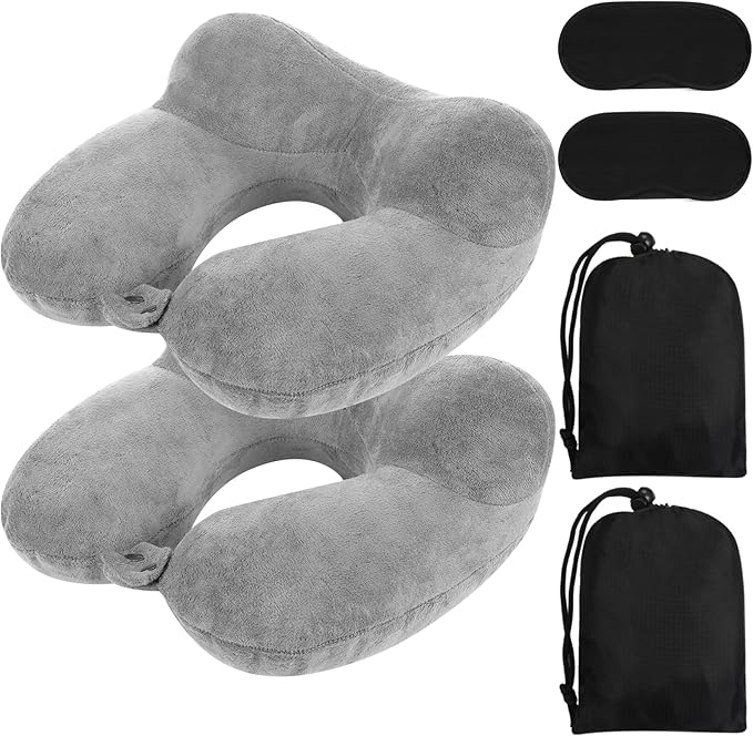 Sintuff 2 Pack Inflatable Travel Pillow for Airplanes Inflatable Neck Pillows with Compact Bag and Blindfold Soft Flight Pillow for Traveling, Airplane, Train, Car, Office(Gray)