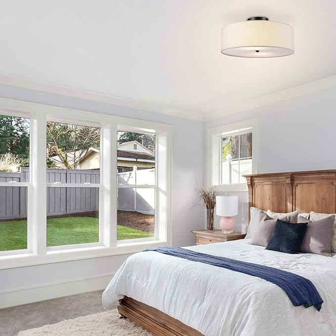 Globe Electric 60315 2-Light Flush Mount Ceiling Light, Dark Bronze, White Linen Shade, Kitchen, Lights, Bathroom, Home Essentials, Bedroom, Closet Light, Lighting Fixtures