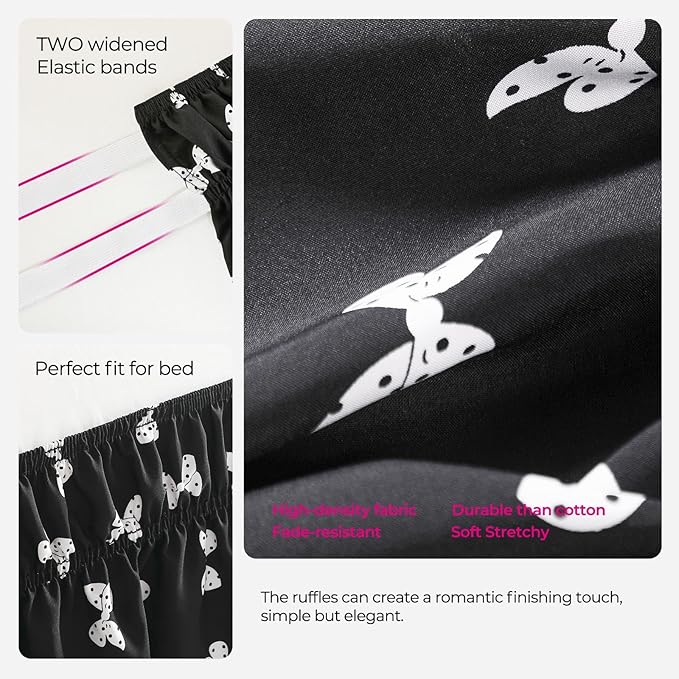 RIMELA Black Elastic Bed Skirt Queen Szie 16 inch Drop, Bedskirt Easy to Put On, Solid Wrap Around Dust Ruffle, Fade Resistant Silky Fabric Machine Washable