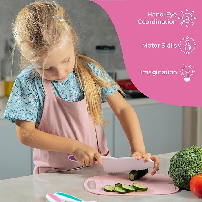 EMREY 13 Pieces Montessori Kids Cooking and Baking Set - Kids Knife Set for Real Cooking, Durable Kids Cutting Board, Knife Set, Silicone Spatula, Whisk, Cookie Cutters, Kids Apron, Toddler Kitchen